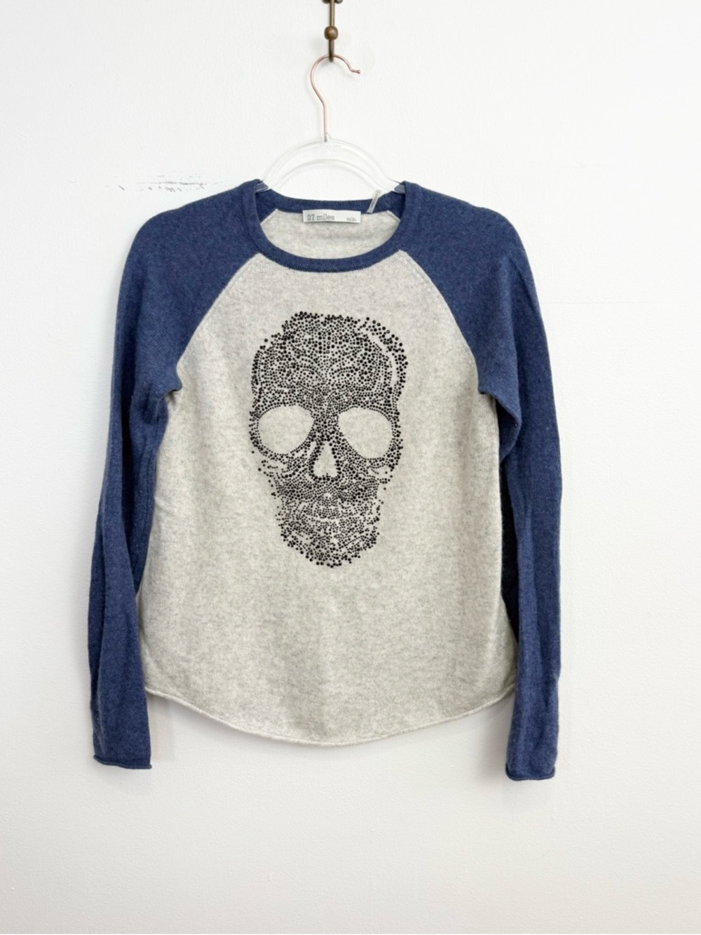 27 Miles Malibu Cashmere Skull Sweater Size S Blue Gray Raglan Crewneck